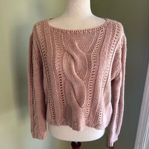 Nina Kendoza petal pink knitted sweater. Boat neck, open weave. Generously cut